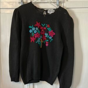 Vintage Black Sweater with Floral Embroidery - Cotton Ramie - Size M